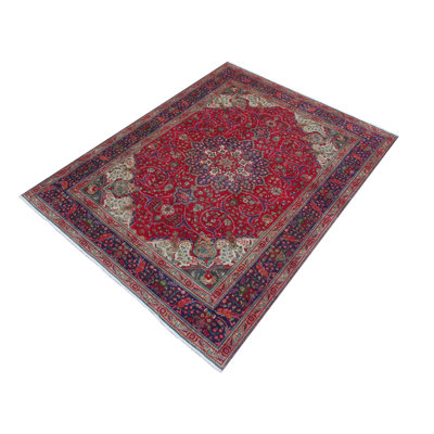 Tapis unique en laine noué à la main de style années 1970 de 8 pi 6 po x 11 pi 3 po Keisy en rouge / beige / bleu