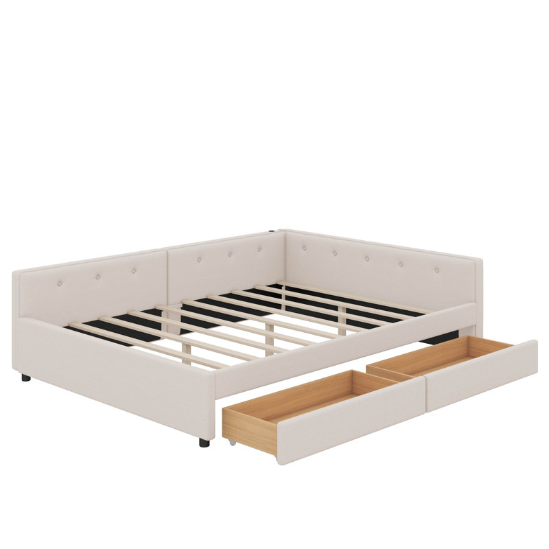 Lit plateforme tapissier avec port USB et tiroirs, Grand lit