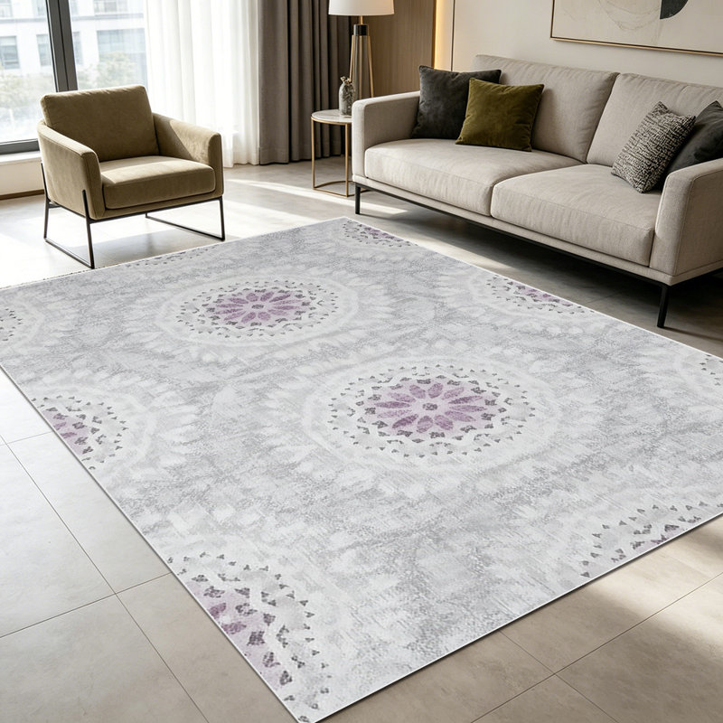 1PC Vintage Medallion Lilac Gray Floral Lace Print area rugs for Living Room, Soft, All seasons, Easy-maintain, Washable Indoor mat, Farmhouse suitable for for dining room, bedroom, kitchen entryway...