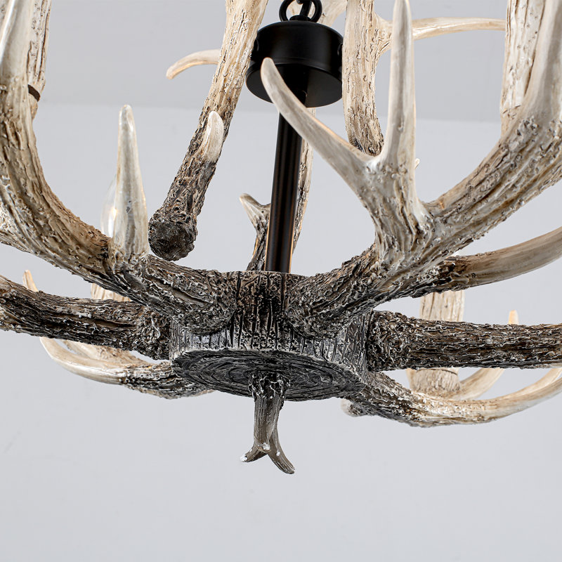6-Light Rustic Faux Antler Resin Chandelier with Adjustable Chain, Matte Black/Natural, 6 Lights