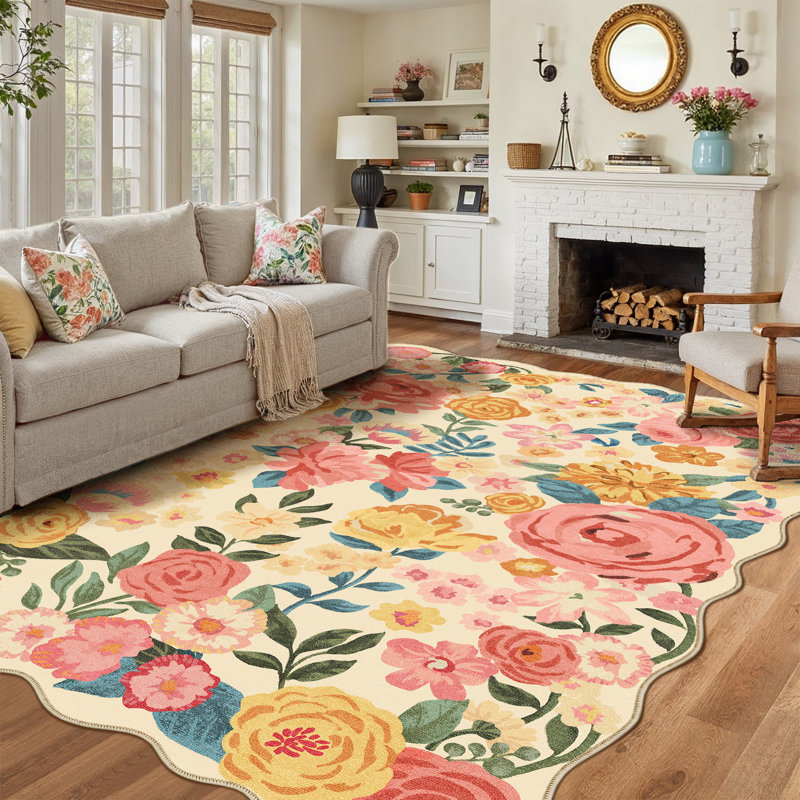 Johy Modern Floral Machine Washable Area Rug with Non-Slip Backing, Rectangle 9' x 12'