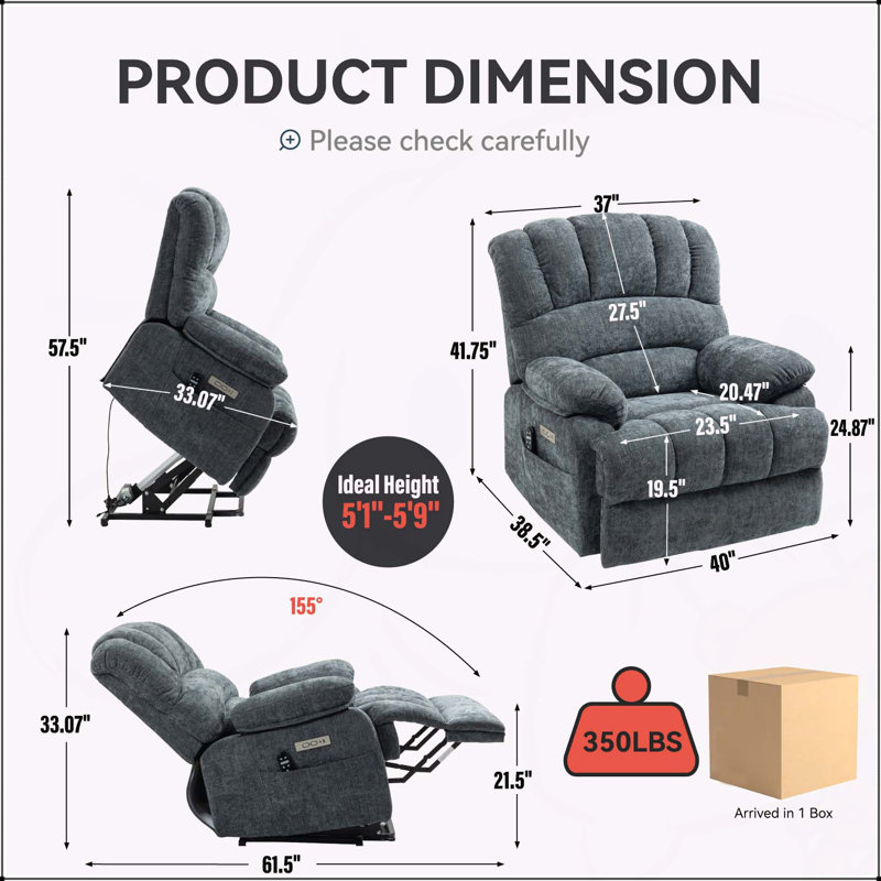 Comfortable and Functional Power Lift Recliner Chair with Massage and Heat, Blue Gray