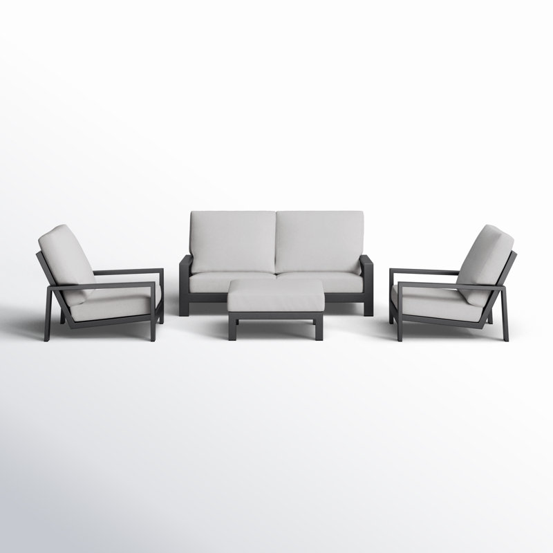 Hoyt 4-Piece Aluminum Lounge Outdoor Modern Conversation Sofa Set with Custom Cover, Silver Gray