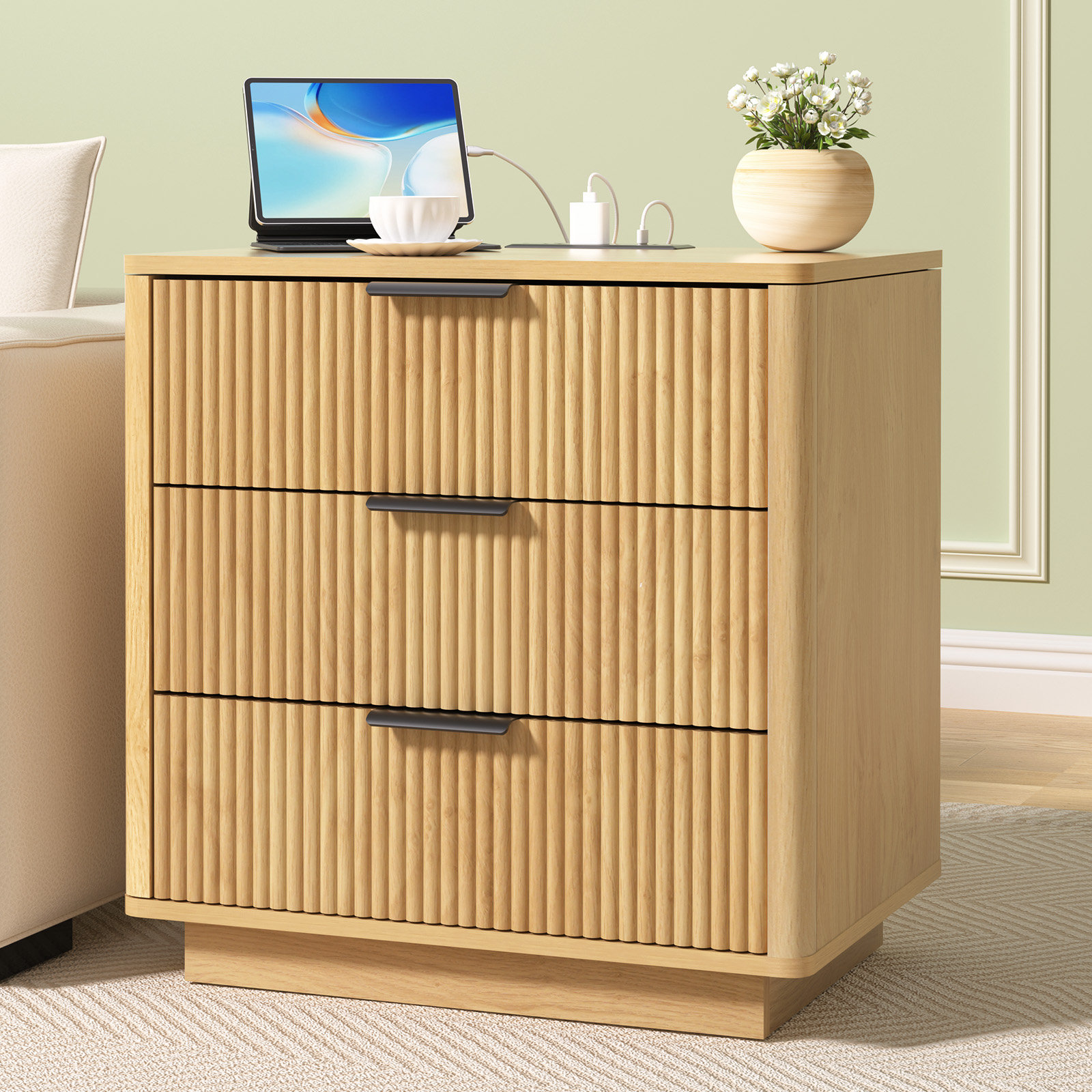 Ebern Designs 23.2'' W 3-Drawer Fluted Nightstand With Built-In Outlets & Reviews | Wayfair