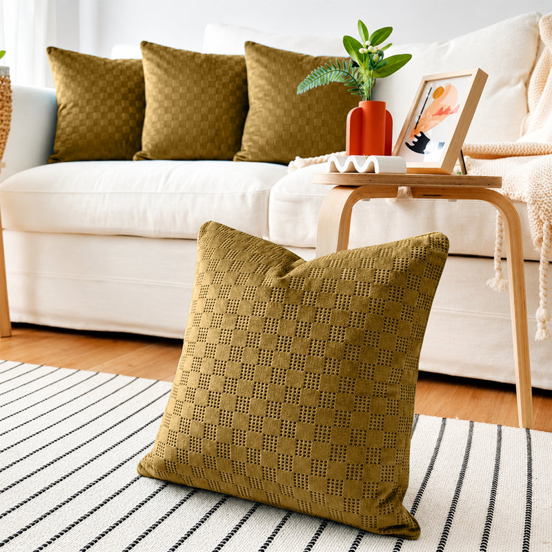 Luxury Check Velvet Cushion Covers Set Of 4 Soft Throw cases , Ochre