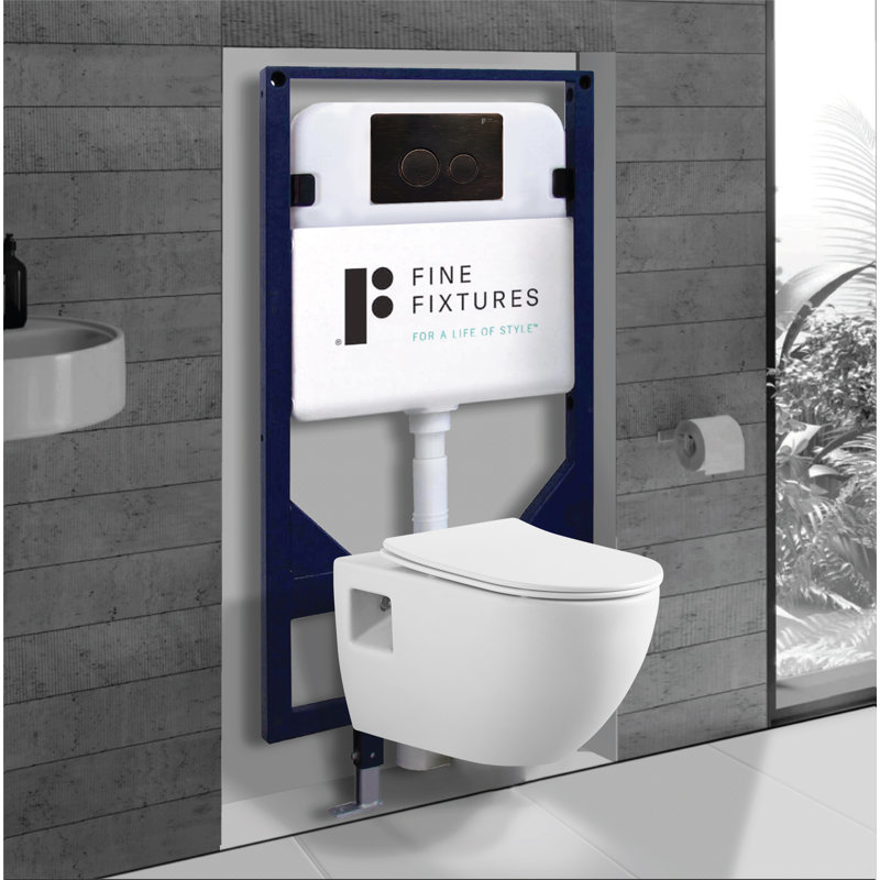 Fine Fixtures Surge Wall Hung White Toilet with Universal In-Wall Tank Carrier and Metal Push Plate, Bronze
