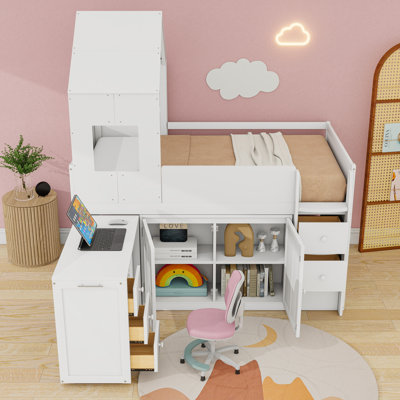 Lit mezzanine simple en bois à cinq tiroirs avec armoires de rangement et bureau