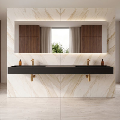 Juniper 84" Wall Mounted Solid Surface Floating Double Bathroom Sink with Concealed Drain - Black