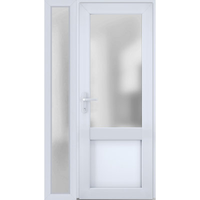 Porte d'entrée extérieure prémontée en fibre de verre, verre dépoli, Manux 8422 Blanc Soie, fenêtre latérale extérieure, portes d'entrée pour bureaux, commerces et résidences, patio, garage - L 36 + 16 x H 80 - Ouverture à droite vers l'intérieur