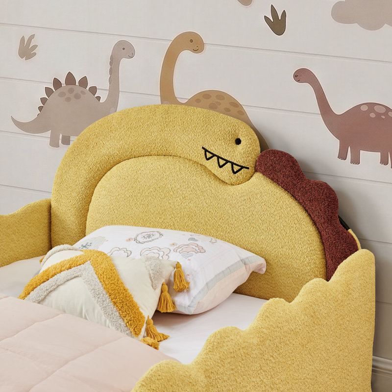 Lit double en forme de dinosaure avec barrière de sécurité, structure de lit en bois massif pour chambre à coucher, tissu Boucle