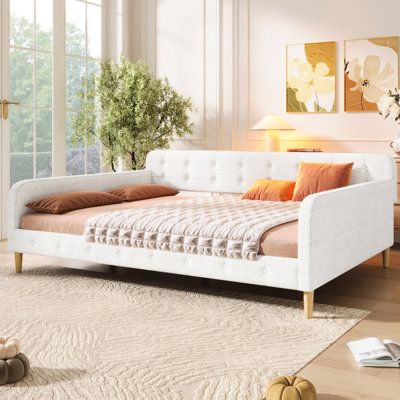 Lit de jour beige Queen Size, recouvert de lin, 4 pieds de soutien, structure solide, polyvalent pour la maison, montage facile, design moderne, assise et couchage confortables, sommier non requis