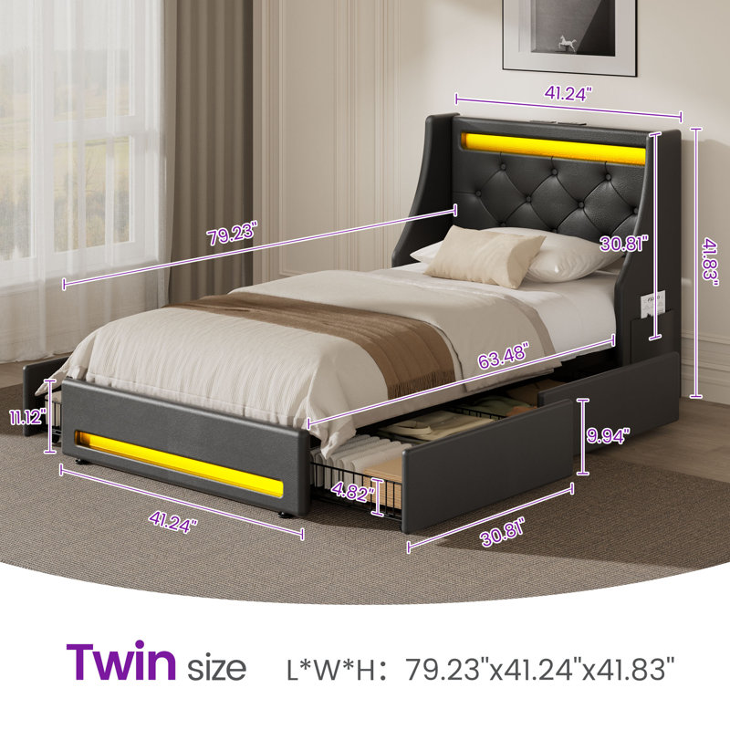 Upholstered Platform Bed Frame with Wingback Headboard & LED Lights& 4 Storage Drawers, Twin/Single, Black