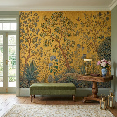 Papier peint Botanical Tree Golden Chinoiserie Birds