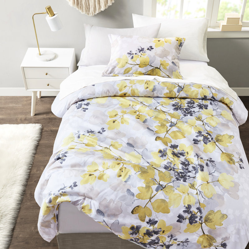 Édredon pour lit simple avec draps à poches latérales - Lit élégant à imprimé gris-jaune