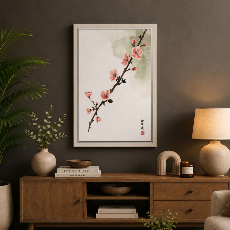 Moonlit Cherry Blossom Japandi - Wrapped Canvas, 24x16 - 61.0 x 40.6 cm, Terracotta Border