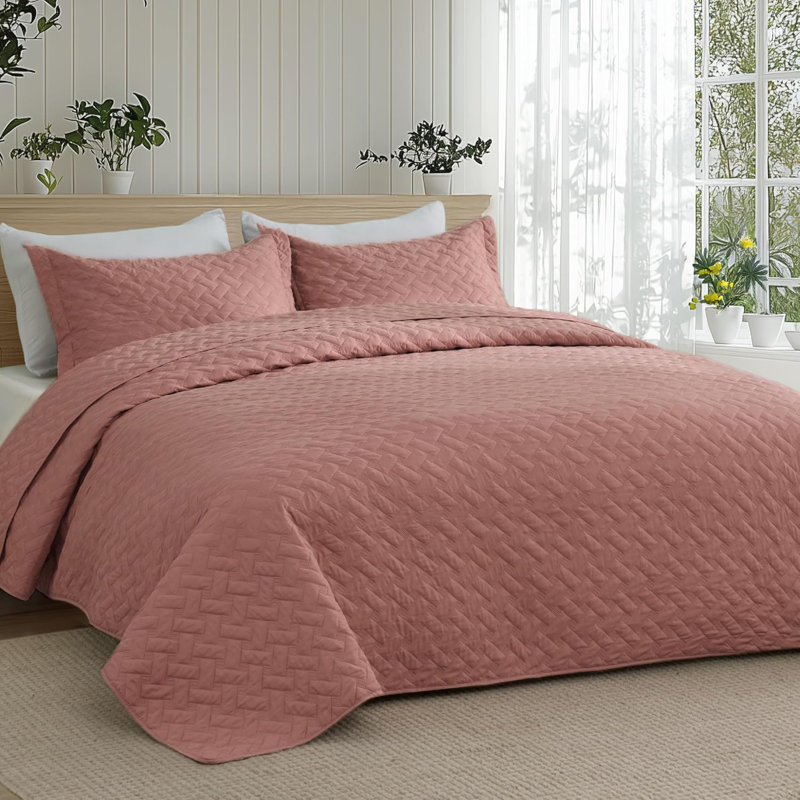 Quilts Lightweight Bedspreads with Basket Weave Pattern, Soft Quilt Bedding Set, Hazel Comforter Set Coverlet, Grayish Pink