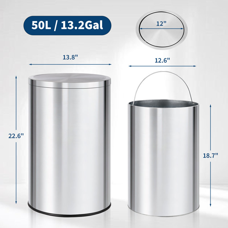 Poubelle en acier inoxydable 13 / 18,5 gallons avec couvercle, poubelle pivotante avec seau intérieur amovible, ronde