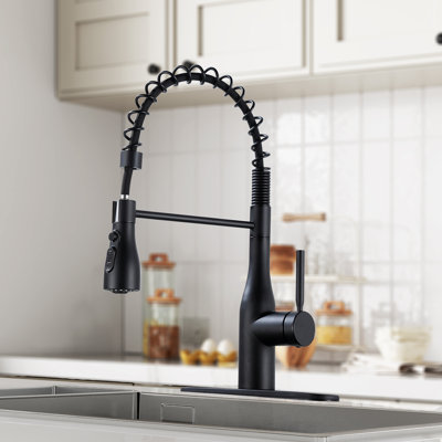 Single Handle Spring Neck Pull-Down Kitchen Faucet with 3-Function Sprayer, 360° Swivel Spout, and Deck Plate