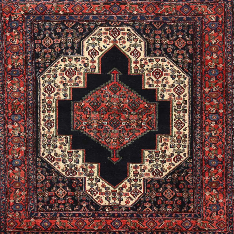 Tapis oriental rouge / noir / crème, Carré 7 pi