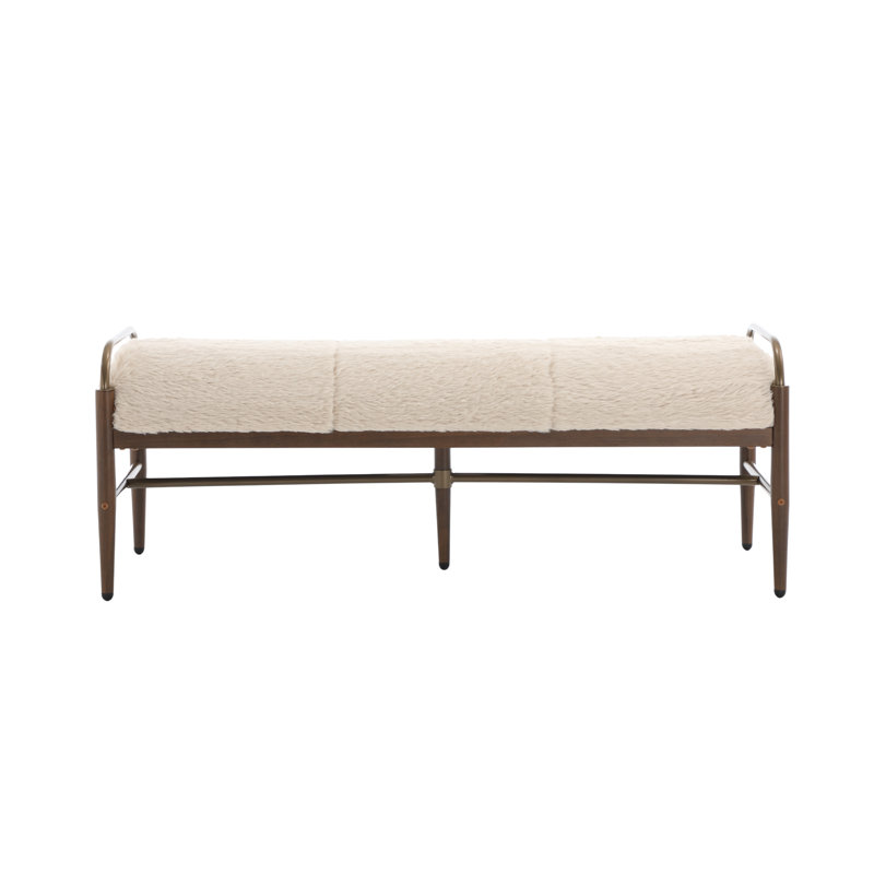 Modern Bench With Metal Frame, Fuax Fur Beige/Walnut