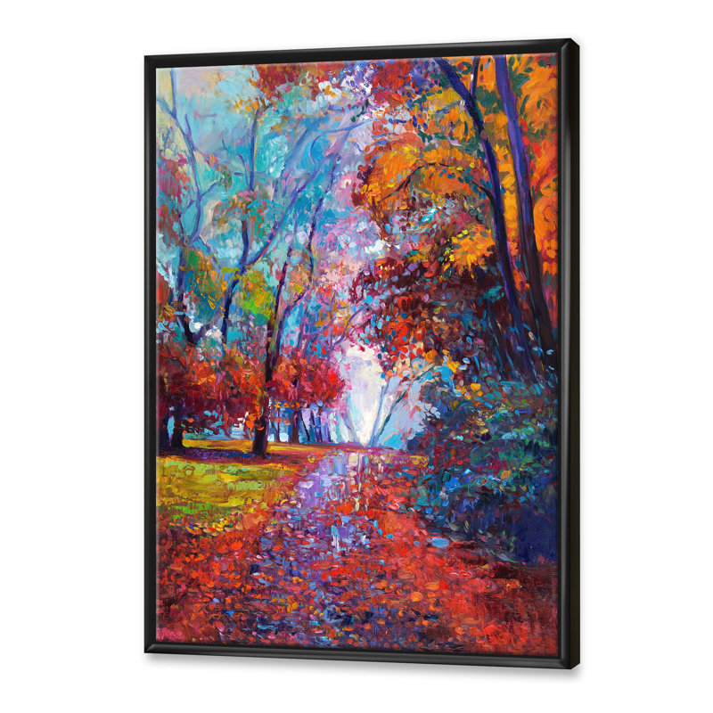 Petite route à travers le paysage d'automne rouge - peinture sur toile, H 40 po x l 30 po x 1,5 po, Cadre flottant noir
