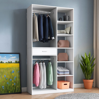 White Wooden Freestanding Wardrobe System With 6 Open Shelves, 1 Wooden Drawer And 2 Hanging Rails
