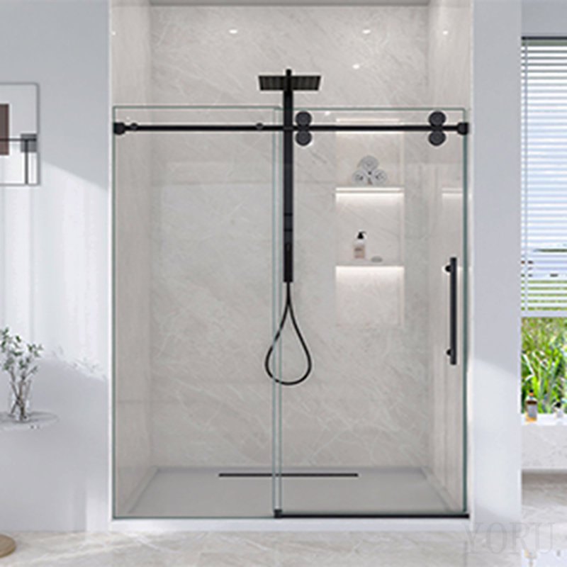 Porte de douche coulissante simple sans cadre de 44 à 48 po de hauteur H 76 po - Verre trempé transparent de 5/16 po (8 mm), conception de dérivation avec finition noir mat