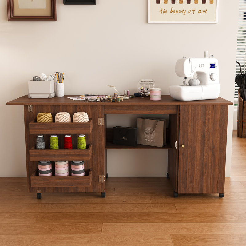 Table de couture pliante moderne de 57,5 po, grande station de travail avec armoire de rangement et tablettes, armoire de couture robuste pour bureau à domicile, noyer