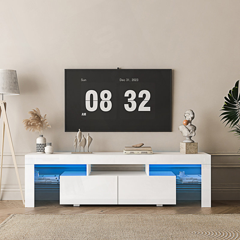 Meuble télé ultrabrillant avec lumières à DEL, console de télévision, Blanc