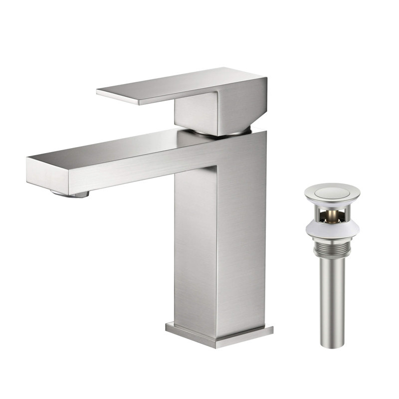 Robinet de lavabo de salle de bain à poignée simple avec bonde escamotable, Nickel brossé