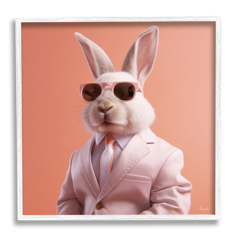 Az-145-Lapin portant un costume par Roozbeh, H 24 po x l 24 po x P 1,5 po, Giclée encadrée blanc bord de mer