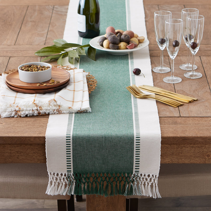 Kizer Striped 100% Cotton Table Runner, 108" x 13", Dark Green
