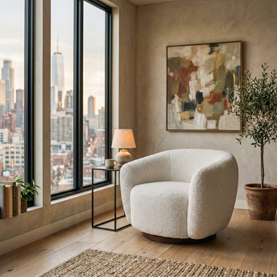 Boucle Swivel Barrel Accent Chair with Wood Base