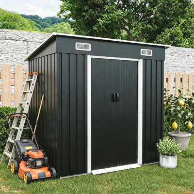 Édifice de rangement extérieur avec porte coulissante en métal avec évents et seuil