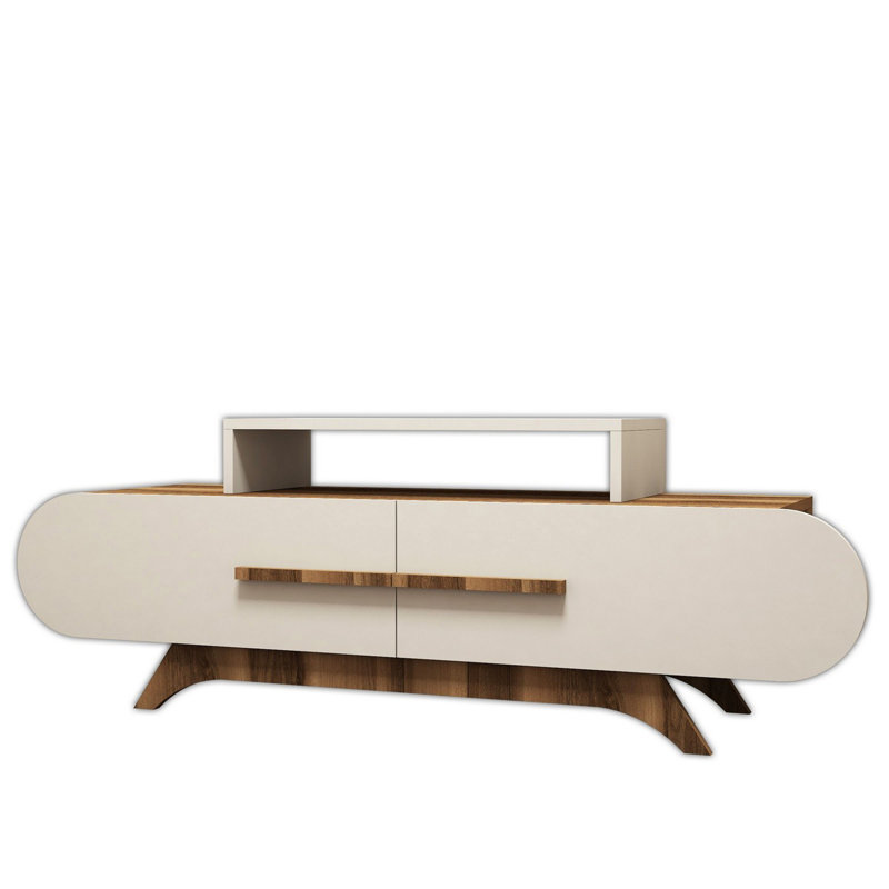 Modern TV Stand, Walnut & Cream, 57.1 x 19.6 x 14.5 inches | 100% Melamine Coated Particle Board, Thickness: 0.7 inches | Features Numerous Shelves, Wall-Mountable Design | Stylish & Functional for Living Rooms