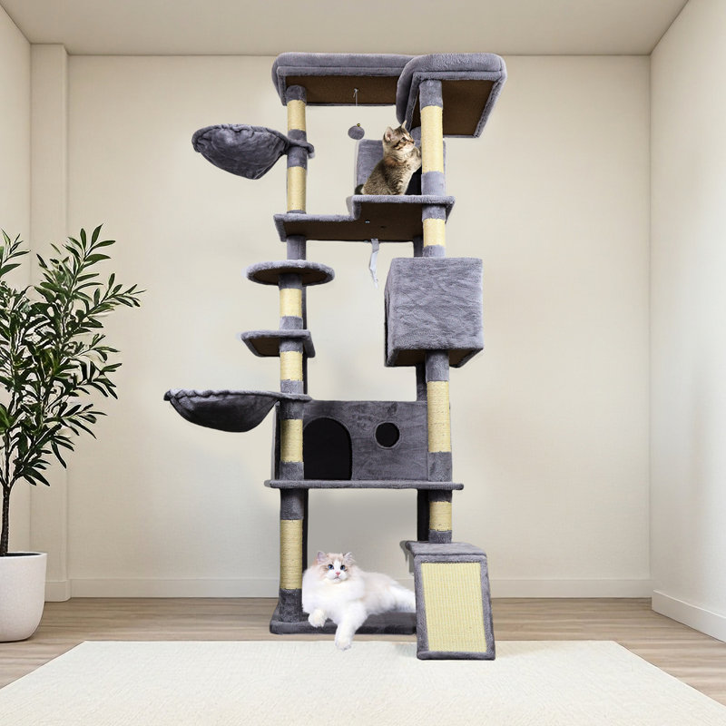 Tour de chat de 84 pouces de couleur grise foncée, poteaux et boules interactives pour arbre de plaisir félin avec poteau à griffes