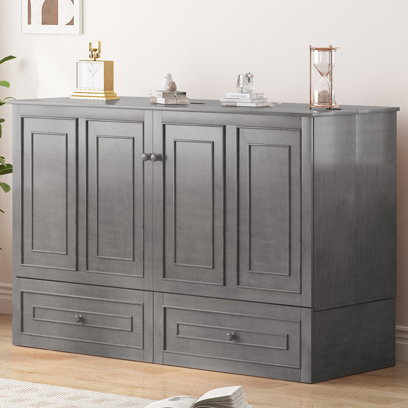 Queen Murphy Bed Cabinet With USB Charging Station & Privacy Drawer For Guest Room, Dark Gray