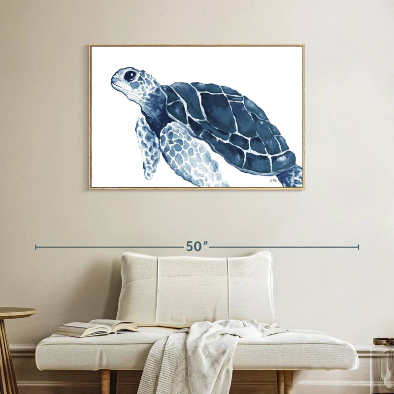 Tortue dans les bleus, Cadre flottant en bois naturel, 40 po x 27 po