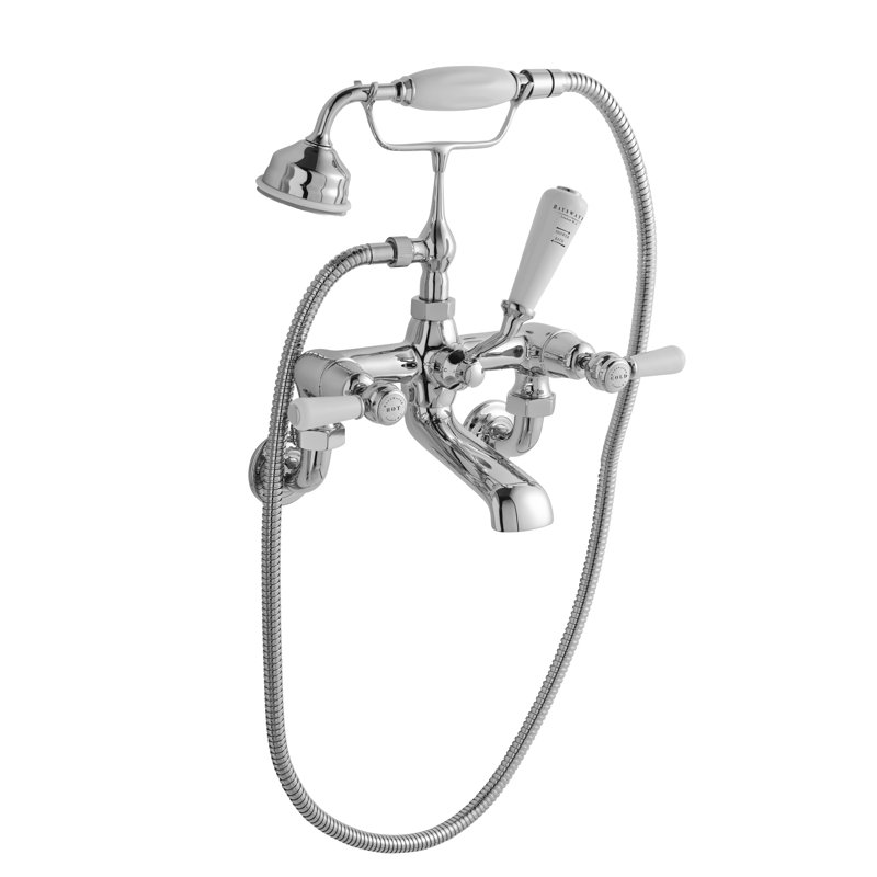 3 Handle Wall Bath Shower Mixer Bath Filler with Diverter, White