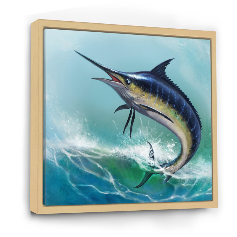 Marlin bleu dans l'océan - Peinture, H 30 po x l 30 po, Cadre flottant brun