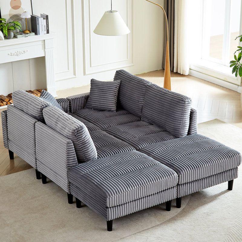 Velours côtelé gris en forme de U avec 2 coussins et deux repose-pieds pour se détendre, Velours côtelé gris
