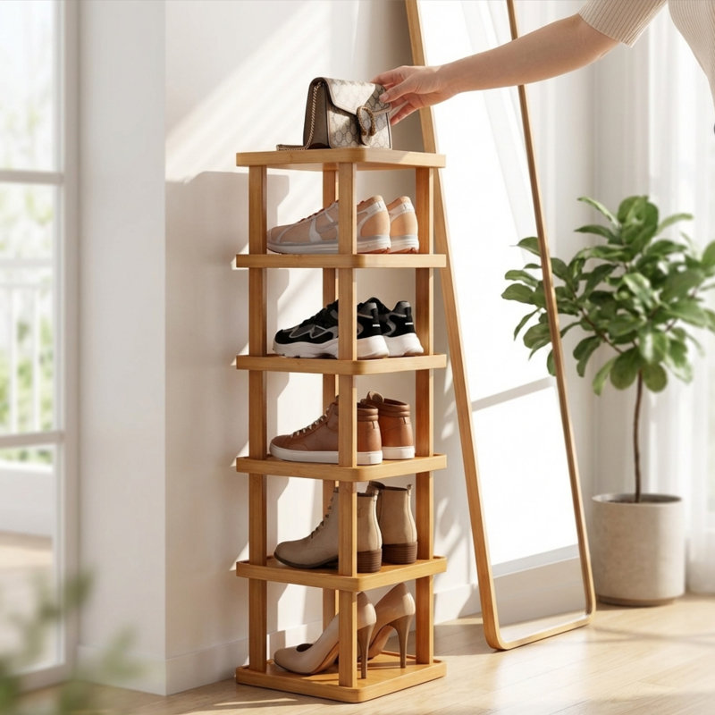 6-tier Expandable Folding Bamboo Storage Rack, Space-saving Storage Solution, No Assembly Required