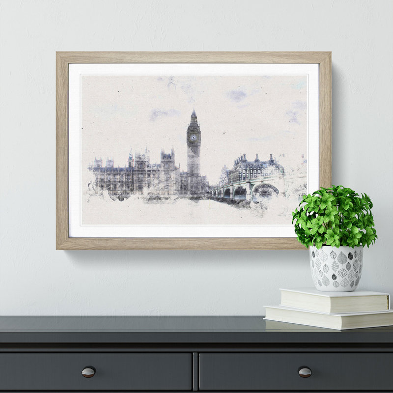 The Houses Of Parliament London Watercolour - Single Picture Frame Print on MDF, 40cm H x 60cm W x 2cm D, Oak Framed