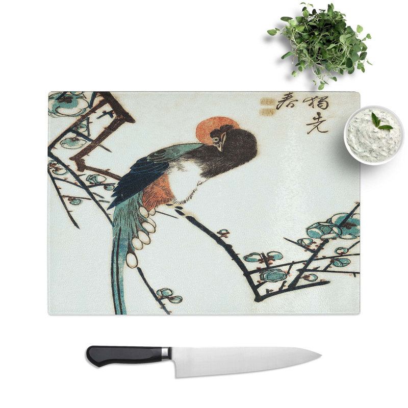 Tempered Glass a Long-Tailed Bird Chopping Board, 39 cm W x 28.5 cm L