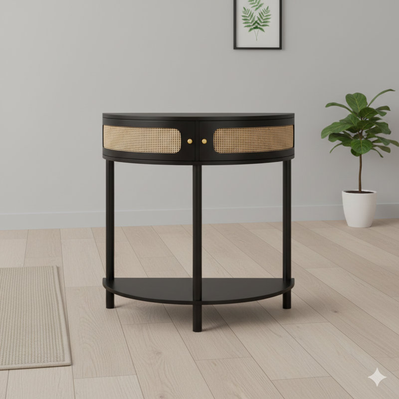 Stylish Semi-Circular End Table Featuring A Unique Crescent Shape And A Sliding Rattan Door. This Elegant Entryway Console Includes Two Rattan-Front Storage Compartments And A Bottom Shelf, Ideal For The Living Room, Bedroom, Study, Or Hallway. Color: Bl