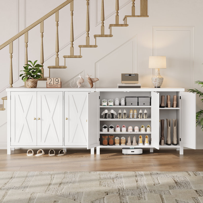 35" Shoe Cabinet with Doors 4-Tier Entryway Shoe Storage, White Wood