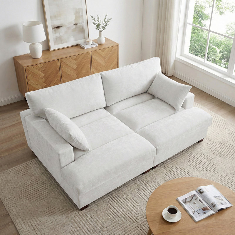 Canapé-lit surdimensionné rembourré en chenille blanc cassé avec accoudoirs et coussins décoratifs, Blanc cassé