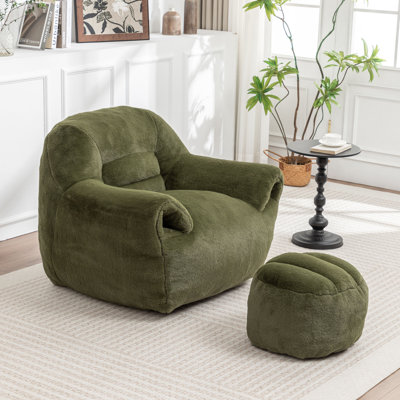 Fauteuil à billes en fausse fourrure avec repose-pieds, canapé rembourré pour salon, chambre à coucher, appartement, vert
