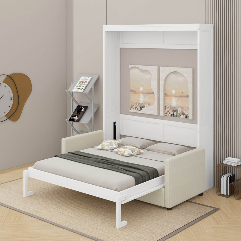 Lit escamotable double avec coussin, Blanc