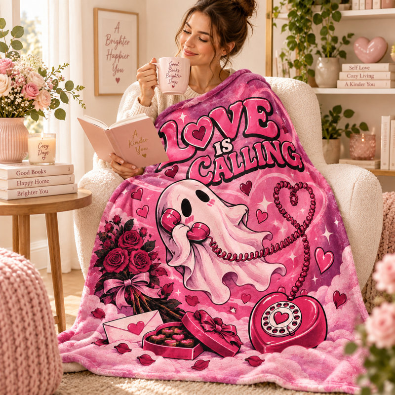 Pink Ghost Love Blanket with Retro Phone, Roses and Heart Candy Box, Flannel Throw for Sofa, Bed, Dorm, Lounge and Valentine Decor, 40 x 50 in